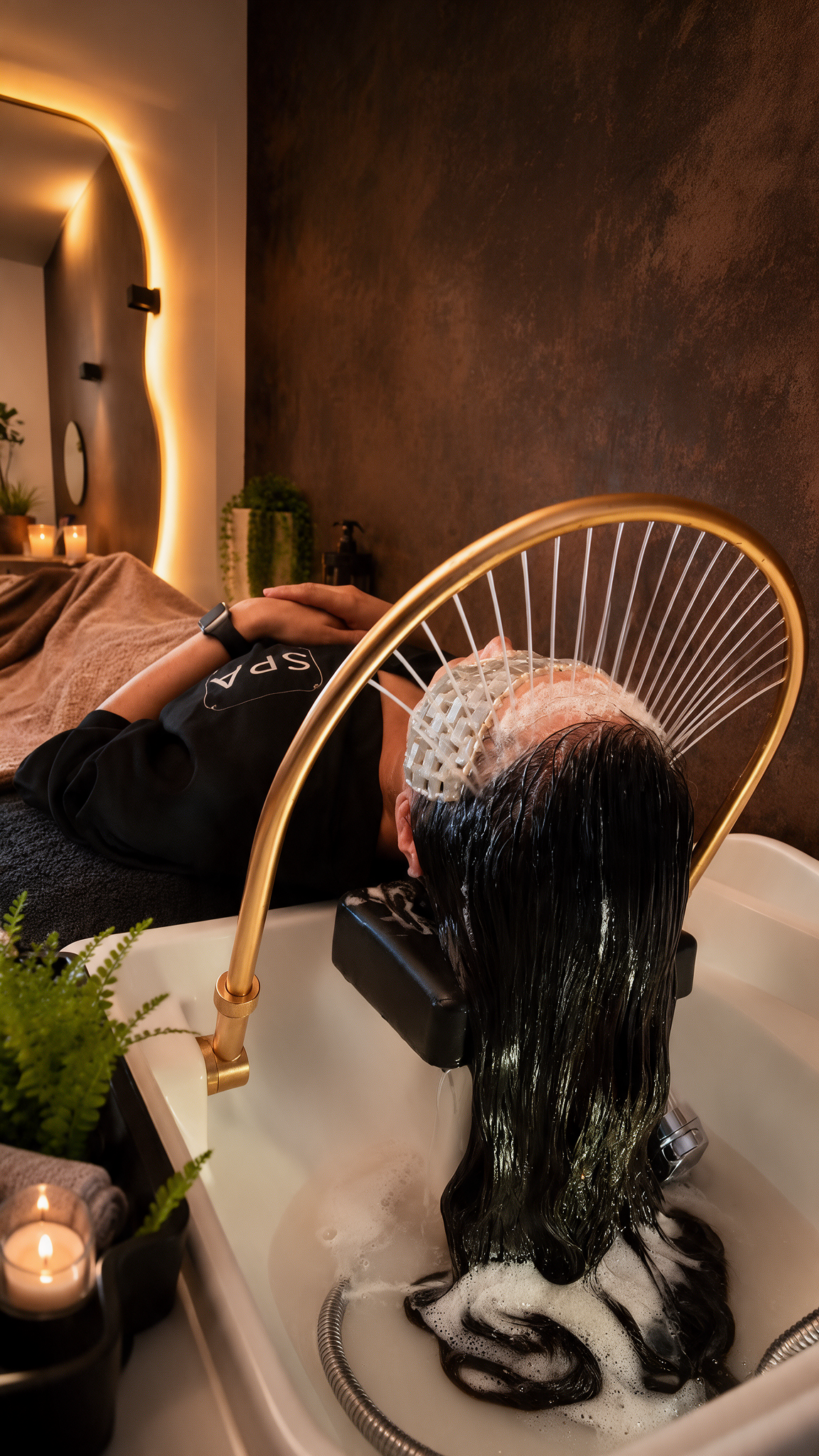 Head Spa Behandlung bei Hair and Headspa CRN in Neu Isenburg, bei der eine Kundin entspannt liegt und das Haar mit einem Wasserbogen gespült wird