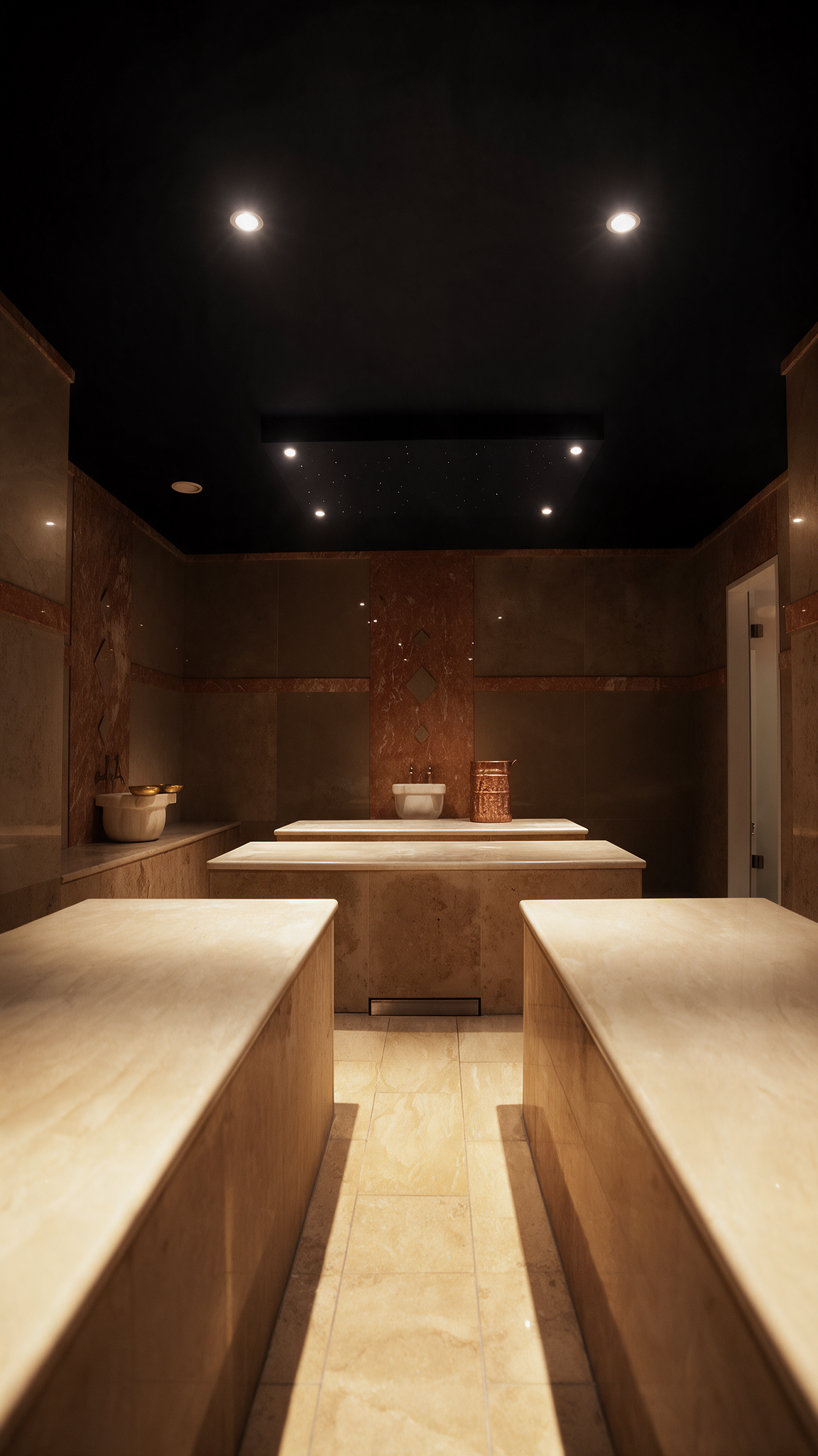 Hamamraum im Orientalischen Hamam Wuppertal mit warmen Steinbänken, gedämpftem Licht und entspannter Atmosphäre für traditionelle Hamamrituale