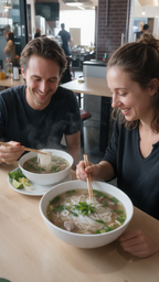Pho Suppe für zwei Personen bei Do Anh in Marburg mit frischen Kräutern, Reisnudeln und aromatischer Brühe im Restaurant serviert