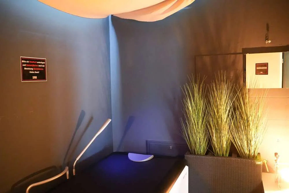 Ruhige Entspannungsecke mit sanfter Beleuchtung und Dekopflanzen im Fitness Wellness Loft Schleiden