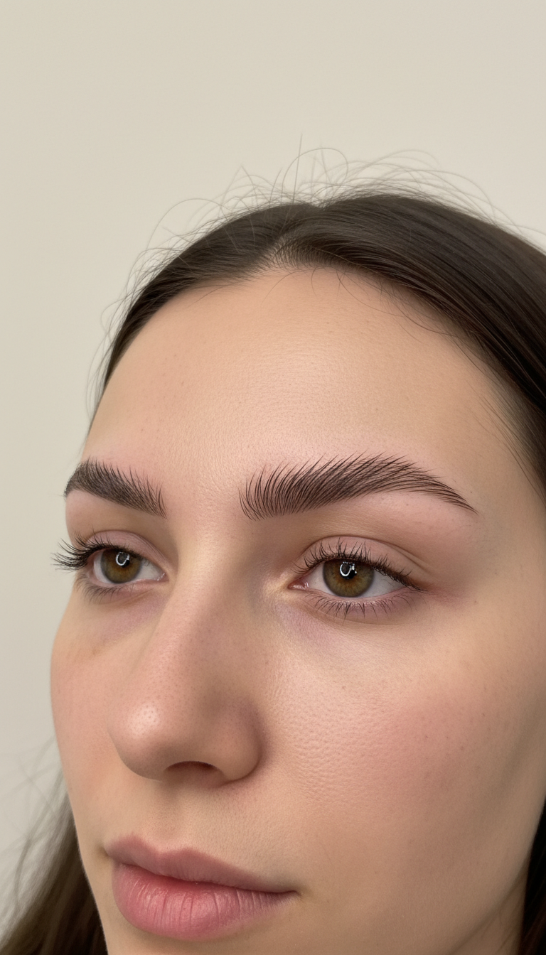 Natürliches Microblading Ergebnis mit gleichmäßig geformten Augenbrauen nach einer Behandlung bei der Anti Age Schulung in Kamen.