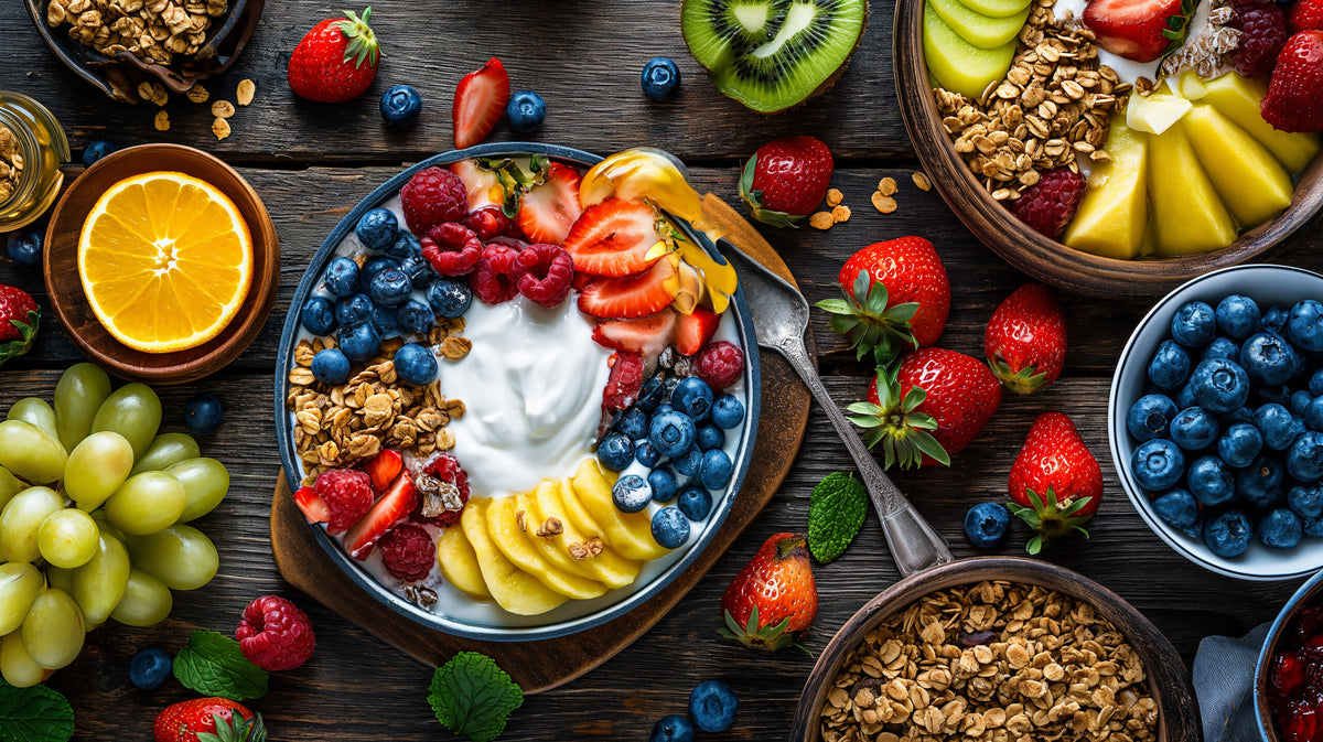 Bunte Frühstücks-Bowl mit Joghurt, Beeren, Mango, Granola und frischer Kiwi