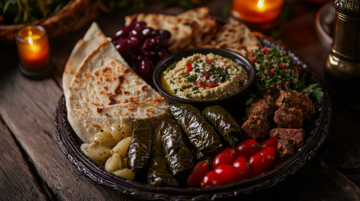 Dunkel angerichtete Mezzeplatte mit Weinblättern, Hummus, Brot, Trauben und Tabbouleh