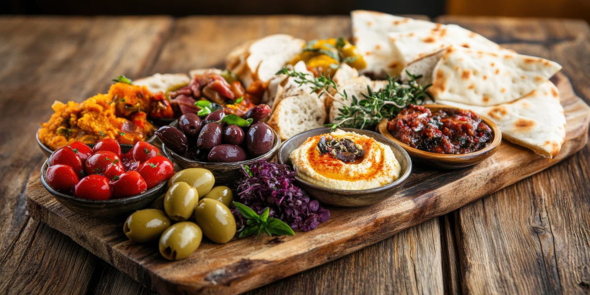 Mediterrane Vorspeisenplatte mit Oliven, Hummus, Käse, Brot und Antipasti auf Holzbrett